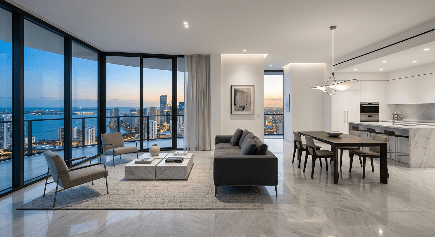 Miami condo renovation planning with tile samples and blueprints